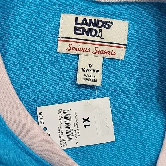 Lands End Serious Sweats Sweatshirt 1X Plus Size Teal Colorblock Print Pullover - Picture 8 of 10